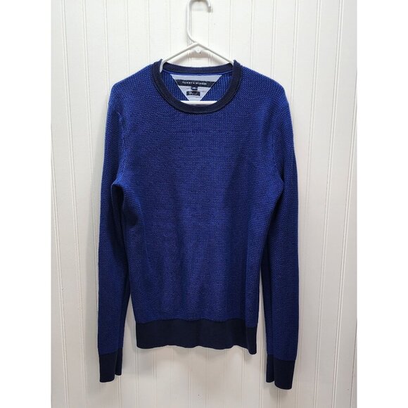 Tommy Hilfiger Mens Blue Textured Knit Crewneck Sweater L Cotton & Ribbed Cuffs - Picture 2 of 11